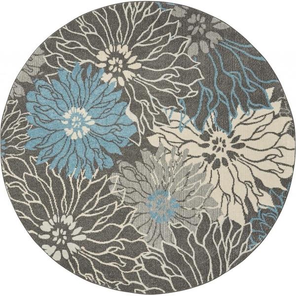 Palacedesigns 8 ft. Round Charcoal & Blue Big Flower Area Rug PA3670231 - main